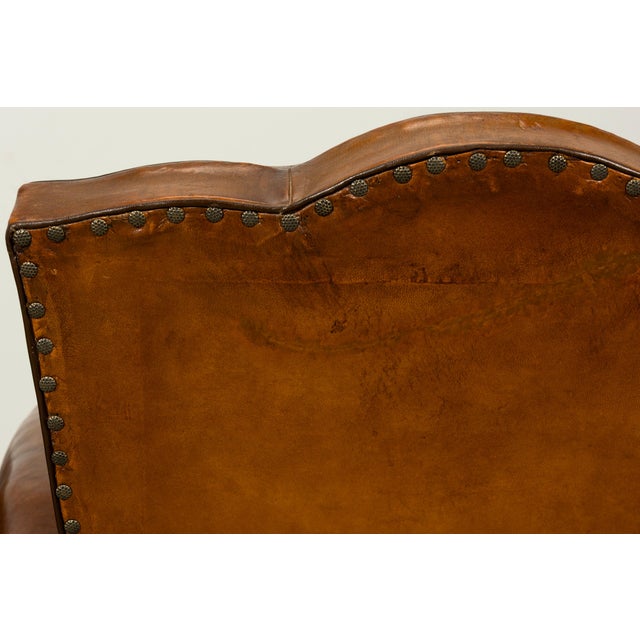 1920s French Art Deco Scalloped Back Cognac Leather Club Chairs – A Pair For Sale - Image 12 of 18