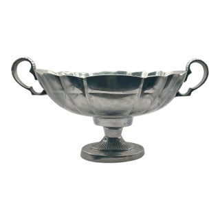Vintage Pewter Pedestal Centerpiece Bowl With Scalloped Rim and Scrolled Handles For Sale