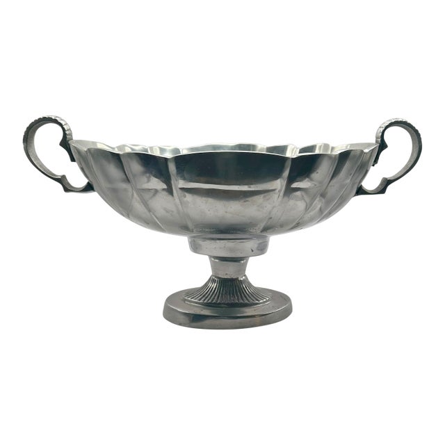 Vintage Pewter Pedestal Centerpiece Bowl With Scalloped Rim and Scrolled Handles For Sale