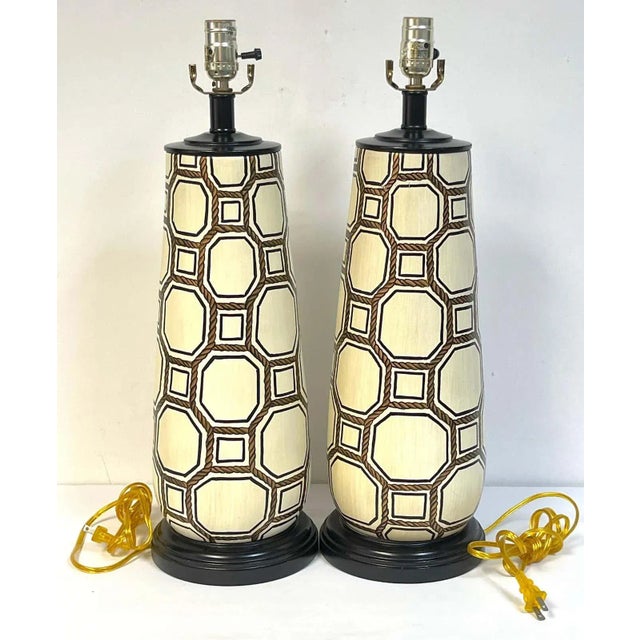 1960s 1960s Italian Pottery Geometric Rope Vignette Lamps, Manner of Gio Ponti - A Pair For Sale - Image 5 of 10