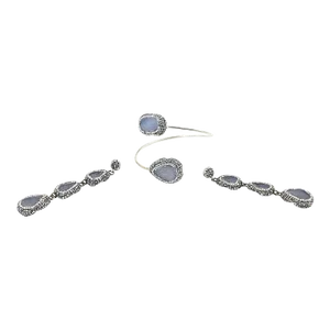 Blue Gray Druzy Crystal Silver Bracelet and Earrings - 3 Pieces
