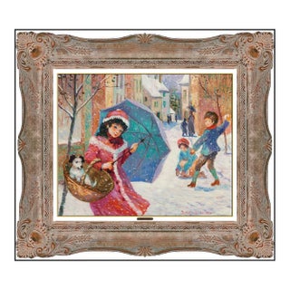 1960s Puppy's First Snow Oil Painting, Jeanette Leuers For Sale