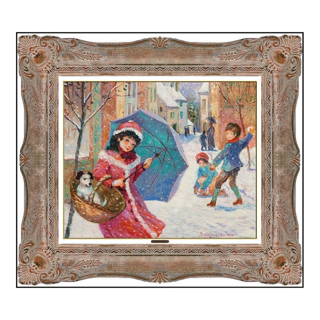 1960s Puppy's First Snow Oil Painting, Jeanette Leuers For Sale