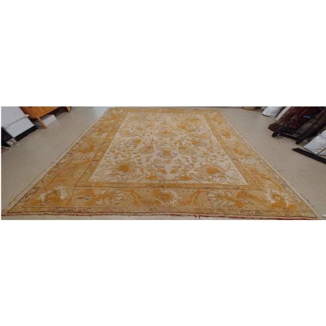 Antique Oushak Carpet Handmade Turkish Oriental Rug Beige, Taupe, Soft Pale Blue For Sale - Image 10 of 11