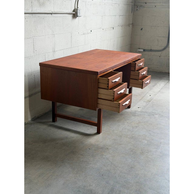 Mid-Century Modern Vintage Danish Teak Executive Desk Mid Century Modern Writing Desk Finished Back Office Desk For Sale - Image 3 of 10