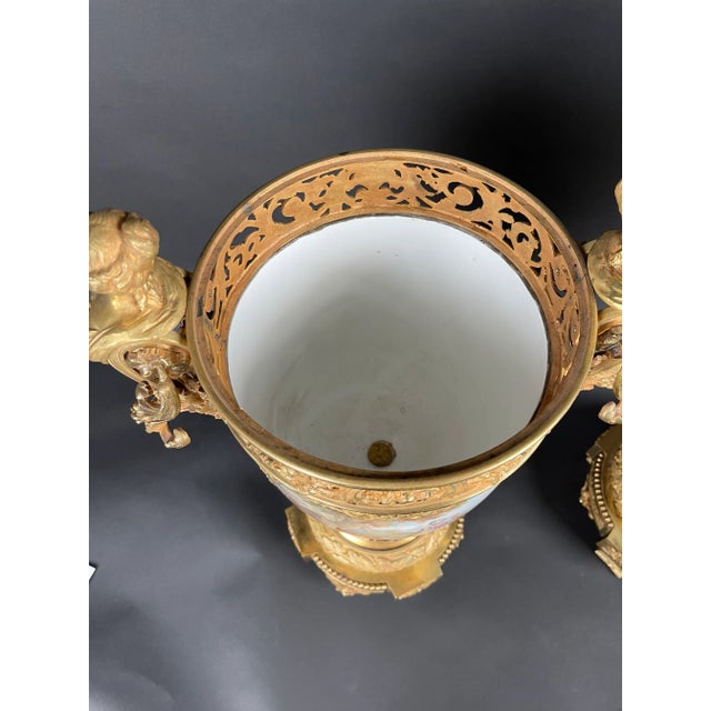 19th Century Pair of French Ormolu Sevres Porcelain Urns For Sale - Image 12 of 15