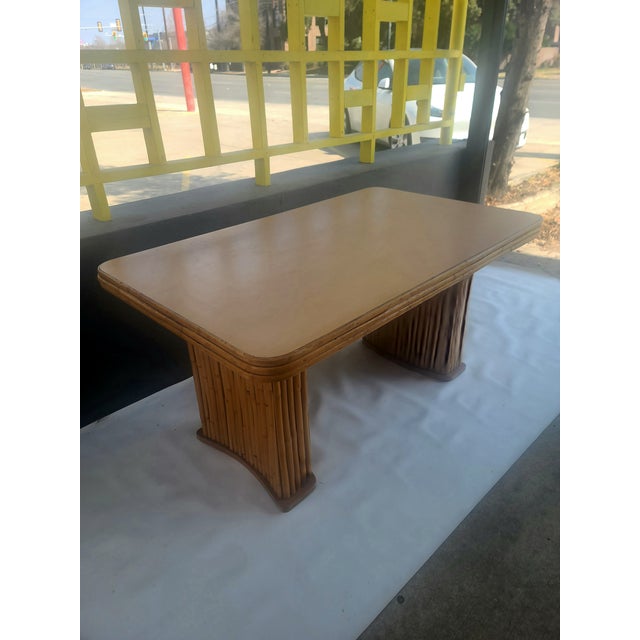 1960s Vintage Rattan Patio Table With Curved Pedestal Bases, Attributed For Sale - Image 5 of 11