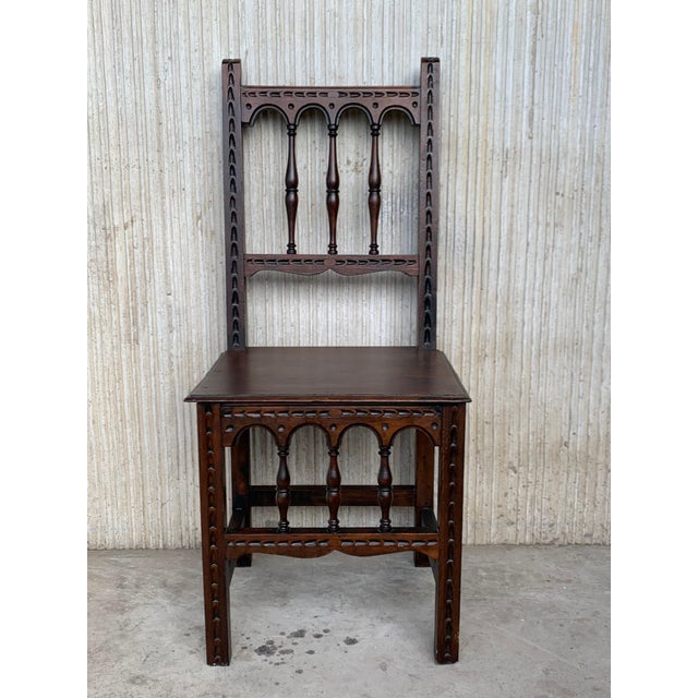Early 20th Set of Four Spanish Carved Chairs with Wood Seat For Sale - Image 16 of 18