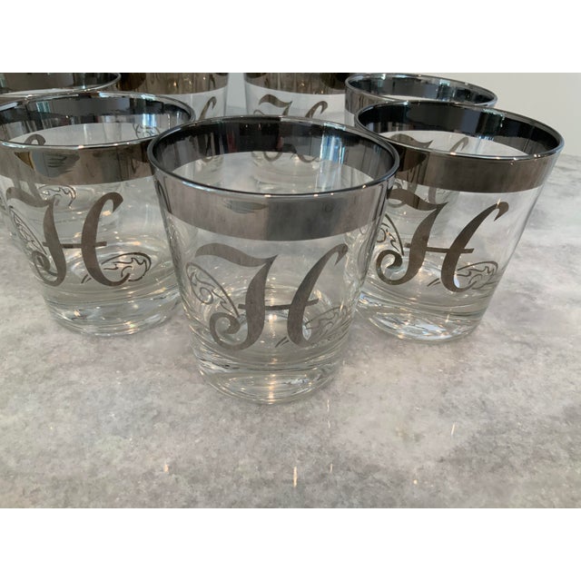 Metal Mid 20th Century Silver Rimmed “h” Low Ball Glasses- Set of 7 For Sale - Image 7 of 8