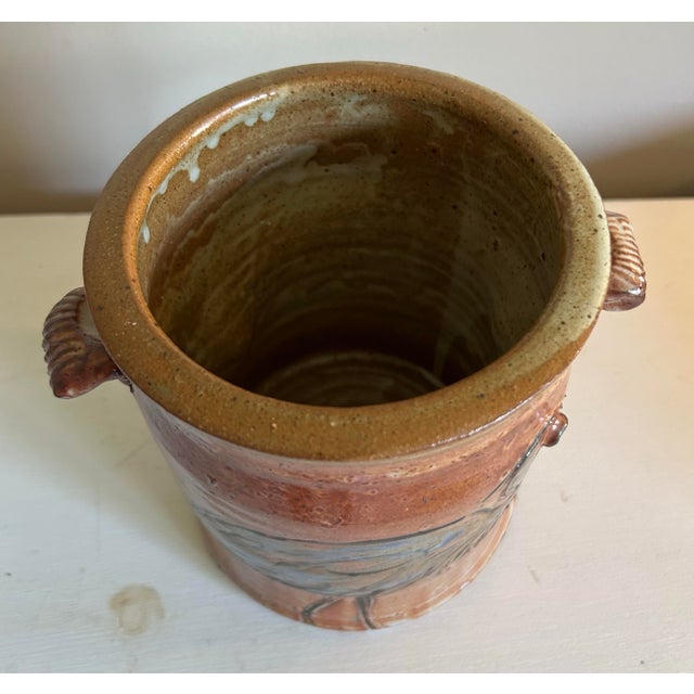 Ceramic Vintage Studio Pottery Wine Cooler With Blue Herron For Sale - Image 7 of 9
