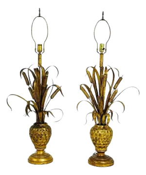Pair of Maison Jansen Style Gilt Metal Lamps With Cattail Motif – France 1950's
