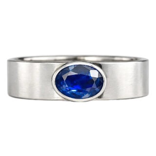Bezel Set Oval Sapphire Wide Matte Band Silver, Gold, Size 10 For Sale