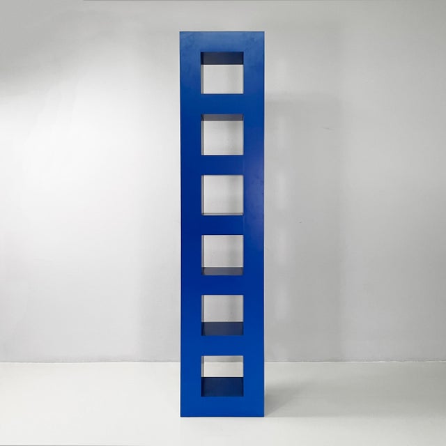 Italian modern blue wood bookcase by Aldo Cibic, 1980s Iconic bookcase with rectangular shape entirely in wood covered in...