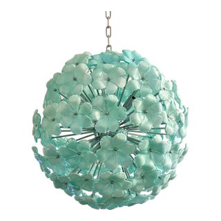 Venetian Green-Wather Flowers Murano Glass Sputnik Chandelier For Sale