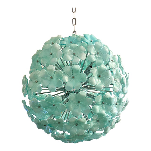 Venetian Green-Wather Flowers Murano Glass Sputnik Chandelier For Sale