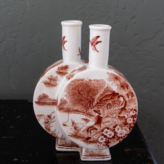 Porcelain Double Moon Flask Vase With Red Hand Painted Country Scene For Sale - Image 14 of 18