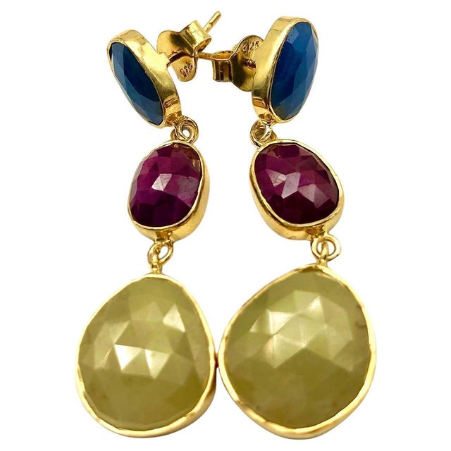 Yellow Bochic "Capri" Ruby & Multi Rough Cut Sapphire Earrings Set In 18K Gold & Silver For Sale - Image 8 of 8