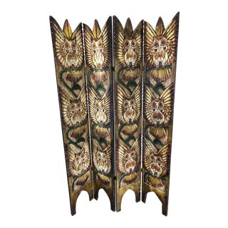Vintage Hand Carved Wooden Owl Room Divider Screen For Sale