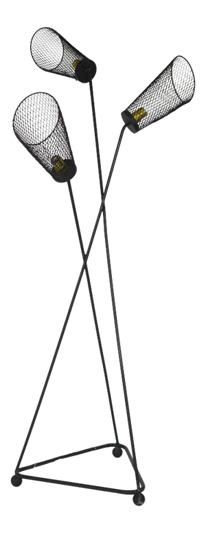 1950s Industrial Atomic Black Metal 3-Cone Wire Mesh Tripod Floor Lamp