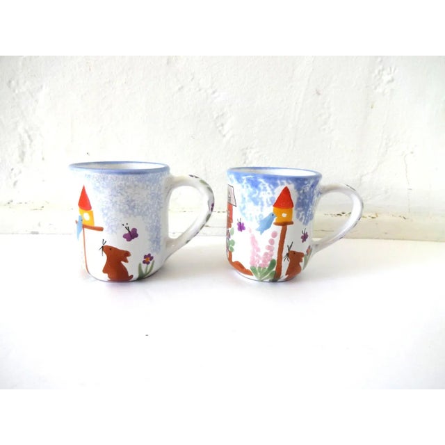 Late 20th Century Vintage Hand-Painted Mugs With Bunnies & Birds - a Pair For Sale - Image 5 of 9