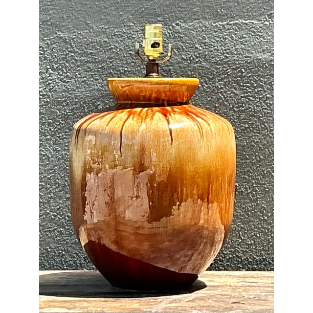 Chocolate Vintage Mid-Century Modern Drip Glaze Ceramic Lamps - A Pair For Sale - Image 8 of 12