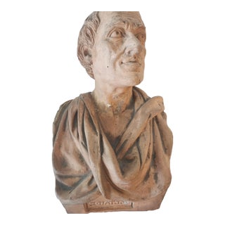 Late 18th Century Terracotta Bust Sculpture of Voltaire. Note Name Is Cast Backwards. For Sale