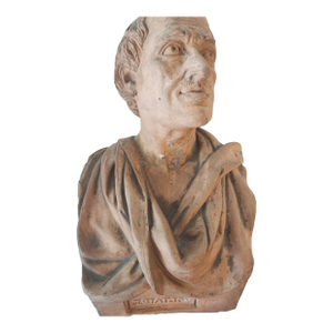 Late 18th Century Terracotta Bust Sculpture of Voltaire. Note Name Is Cast Backwards.