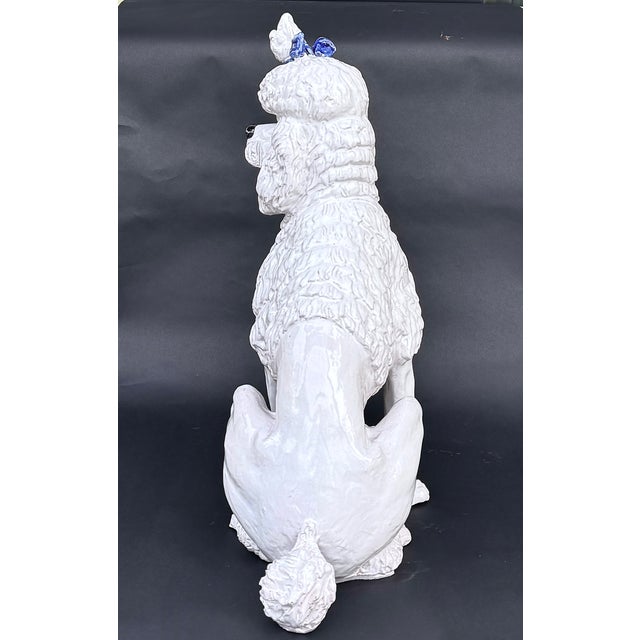 Italian Faience Poodle Figure, White Glaze With Blue Bow, Mid-20th Century, 21 3/4 In. Tall For Sale In New York - Image 6 of 15