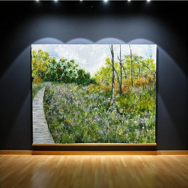 This enchanting acrylic painting captures the essence of a serene wooden pathway through a vibrant wetland full of...