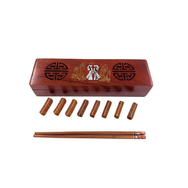 Asian Modern Vietnamese Wooden Chopsticks for 8 With Brown Mother of Pearl Marbled Tips Decorative Storage Box and Coordinating Rests - 25 pcs For Sale - Image 4 of 10