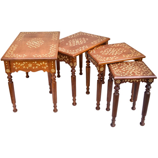 Brown Mid 20th Century Hand-Carved Floral-Patterned & Inlaid Nesting Tables- Set of 4 For Sale - Image 8 of 10
