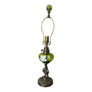 Antique Electrified Art Nouveau Gilt Bronze Figure Green Glass Flower Lamp With Orb Finial For Sale