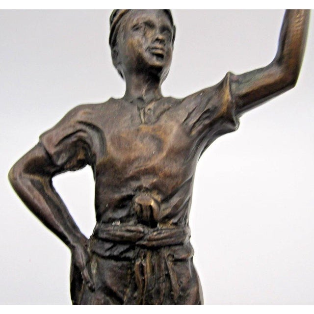 1960s Matched Pair of Vintage Boho Patinated Bronze Boy Torchbearer Candle Holders For Sale - Image 5 of 9