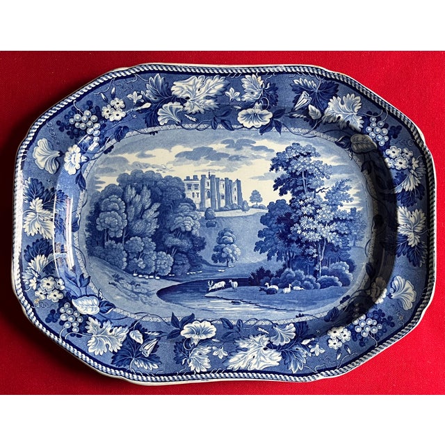 English Antique 19th Century Enoch Wood and Sons, Burslem Blue Transferware Turkey Platter - Brancepeth Castle, Durham Circa 1825 For Sale - Image 3 of 5