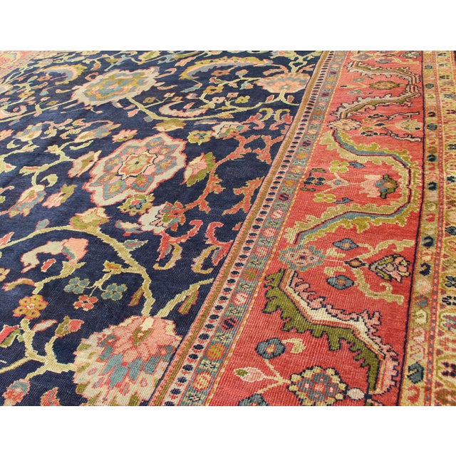 Antique Persian Sultanabad Carpet in Navy Blue Background and Rose Red Border 10'5 X 13' For Sale - Image 9 of 18