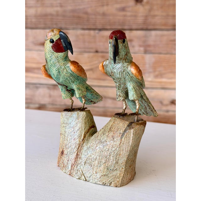 Vintage Peruvian Hand-Carved Gemstone Parrot Sculpture With Brass Feet For Sale - Image 12 of 12