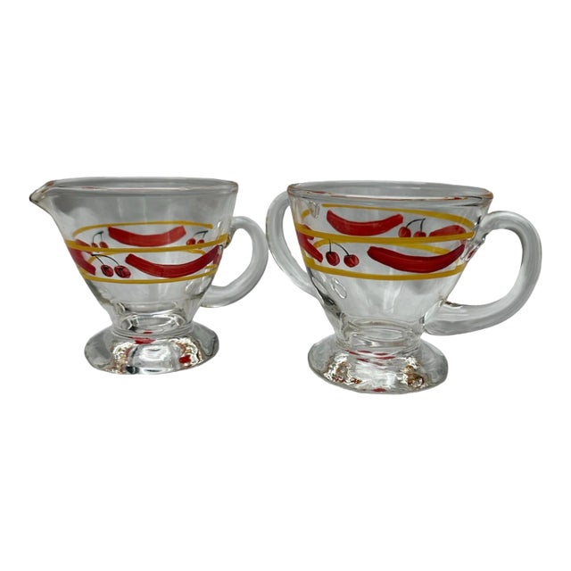 Vintage Hand Painted Yellow and Red Banded Cherries Footed Creamer & Sugar Set For Sale