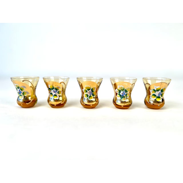 1950s 1950s Bohemian Crystal Gold Hand Painted Decanter and 5 Shot Glasses Set For Sale - Image 5 of 10