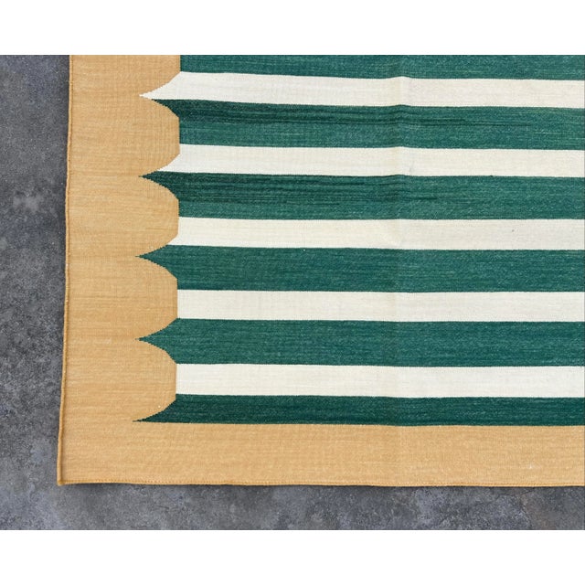 Handmade Cotton Area Rug, Natural Vegetable Dyed, Green and White Striped Dhurrie With Mustard Border -9'x12' For Sale - Image 10 of 10