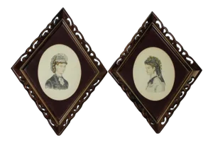 Vintage Victorian Ladies Mahogany Wood Carved Frame Velvet Print Portraits - a Pair