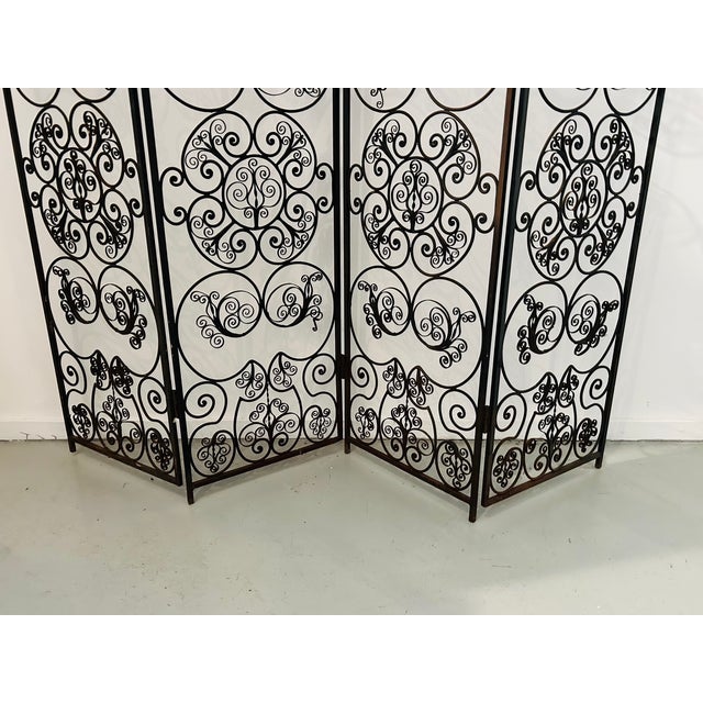 1960s Spanish Revival Style 1960s 4 Panel Iron Ornate Scrolled Folding Screen Room Divider Woodard Unmarked For Sale - Image 5 of 14