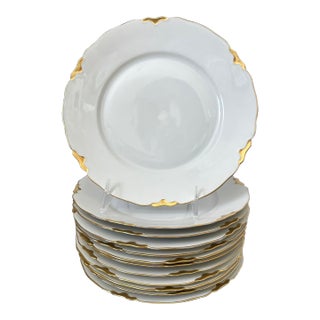 12 Heinrich Bavaria Germany Salad or Dessert Plates Scalloped Rim White and Gold For Sale