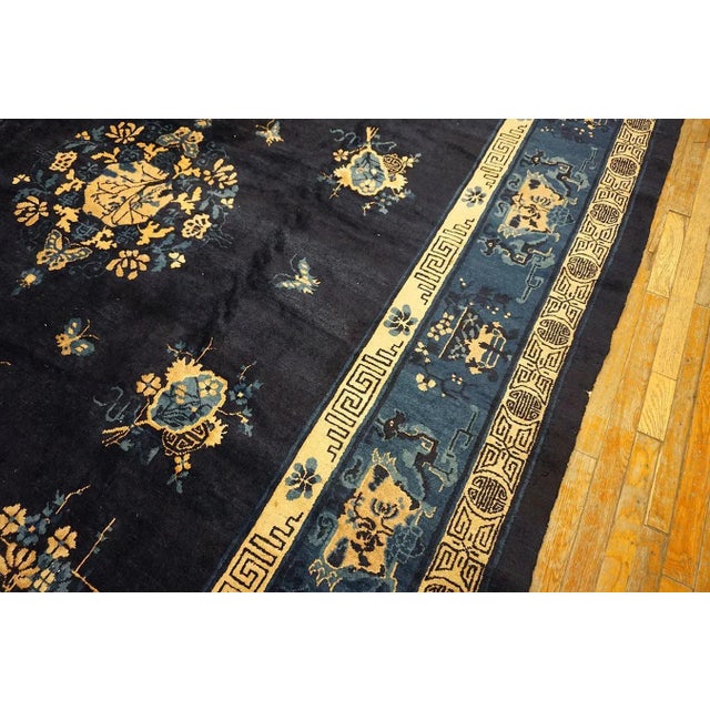 Exceptional Navy Blue Color With Lovely Chinoiserie and Floral Design Antique Chinese Perking Rug For Sale - Image 10 of 10