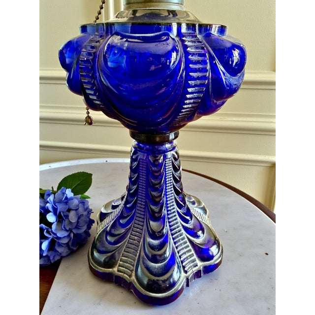 Victorian Late 19th Century Pair Cobalt Blue Coolidge Drape Oil Lamps-Converted Electric-Victorian Table For Sale - Image 3 of 10