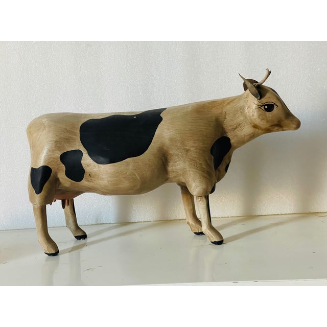 1950s Folk Art Wood Carved Signed Campbell Cow Figurine For Sale - Image 4 of 7