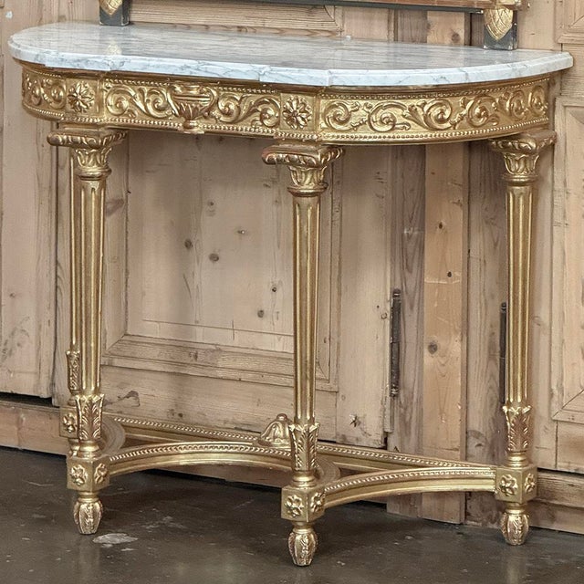 French 19th Century French Louis XVI Giltwood Carrara Marble Top Demilune Console For Sale - Image 3 of 18