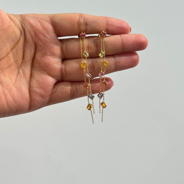 Rainbow Cascade Multicolor Gemstone Drop Earrings by VRJewels in 14k Solid Gold- A Pair For Sale - Image 9 of 16