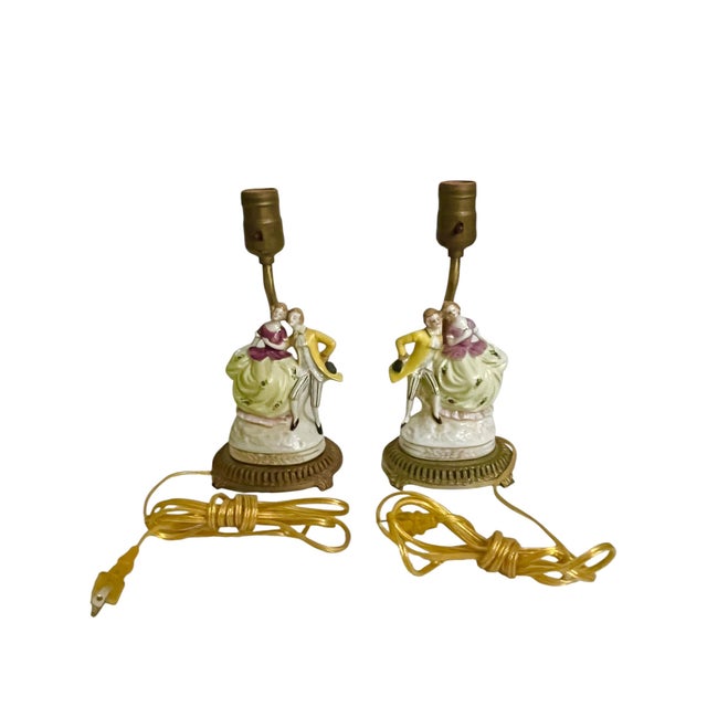 Mid 20th Century Vintage French Porcelain Courting Couple Boudoir Table Lamps With Ormolu Bases – Rococo Style - a Pair For Sale - Image 5 of 16