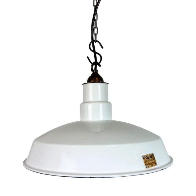 Industrial White Enamel Factory Pendant Lamp from Quadrangle Mfg. Co., 1960s For Sale