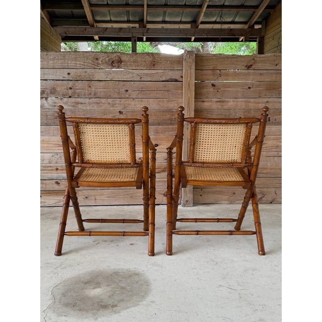 Ornamental & Decorative Materials Mid-20th Century English Campaign Faux Bamboo Folding Sling Armchairs With Cane Seats – Pair For Sale - Image 7 of 12